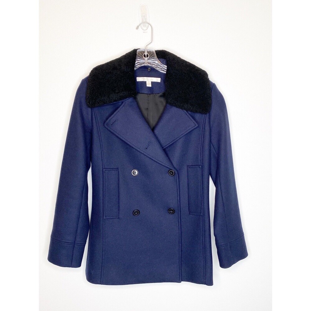 Nordstrom Collection Navy Blue Wool Blend Pea Coat Removable Collar Size Medium